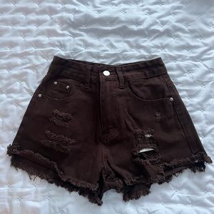 Brown Denim Ripped Shorts